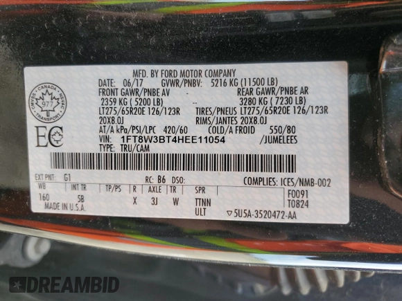 2017 Ford F-350 Platinum с VIN 1FT8W3BT4HEE11054, выставлен на аукционе Copart как лот 54404325 с пробегом 89 622 миль миль и Списание • Salvage title. История ставок и продаж доступна на DreamBid. Изображение 12.