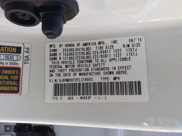 2015 Honda CR-V EX-L with VIN 5J6RM3H72FL019942, listed as a IAAI auction lot 41738914 with 89,099 mi miles. Bid and sale history available at carsss.com. Image 9.
