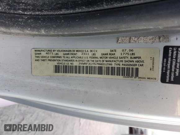 2007 Volkswagen Beetle with VIN 3VWRF31Y57M401298, listed as a Copart auction lot 75932844 with Not provided miles and Non repairable. Bid and sale history available at DreamBid. Image 12.