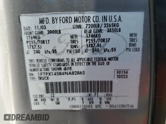 2004 Ford F-150 XLT with VIN 1FTPX14584NA82865, listed as a Copart auction lot 64094845 with 218,027 mi miles and Salvage title. Bid and sale history available at DreamBid. Image 13.