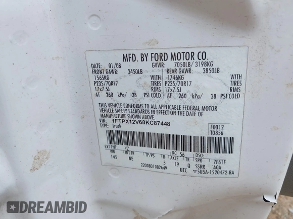2008 Ford F-150 XL с VIN 1FTPX12V68KC87448, выставлен на аукционе IAAI как лот 42648607 с пробегом 322 426 миль миль и . История ставок и продаж доступна на DreamBid. Изображение 9.