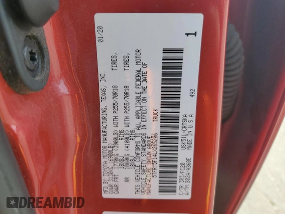2020 Toyota Tundra 2WD SR with VIN 5TFRY5F14LX265206, listed as a Copart auction lot 84745874 with 72,193 mi miles and Salvage Title. Bid and sale history available at carsss.com. Image 15.