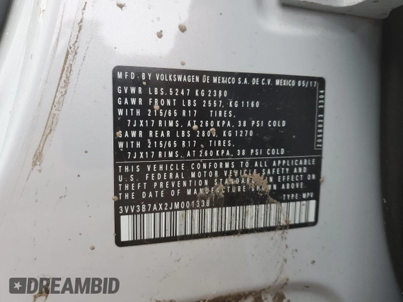 2018 Volkswagen Tiguan SEL z VIN 3VV3B7AX2JM001338, wystawiony jako Copart lot #51742105 z przebiegiem 71 555 mil mil oraz Szkoda całkowita • Salvage title. Historia ofert i sprzedaży dostępna na DreamBid. Obrazek 16.