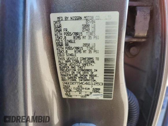 2004 Nissan Frontier XE z VIN 1N6ED27T94C461253, wystawiony jako Copart lot #86311014 z przebiegiem 174 836 mil mil oraz Szkoda całkowita • Salvage title. Historia ofert i sprzedaży dostępna na DreamBid. Obrazek 12.