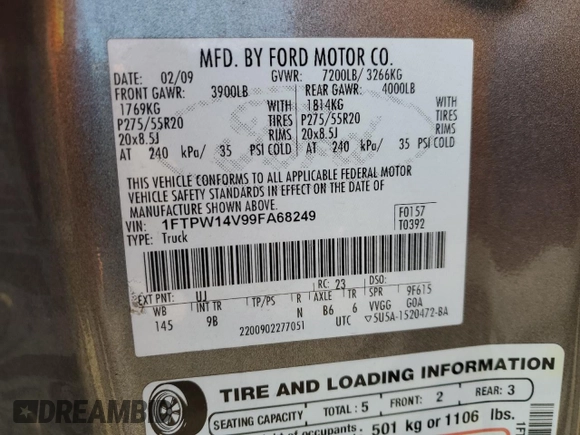 2009 Ford F-150 XL z VIN 1FTPW14V99FA68249, wystawiony jako Copart lot #51097995 z przebiegiem 239 880 mil mil oraz Nie do naprawy • Non repairable. Historia ofert i sprzedaży dostępna na DreamBid. Obrazek 12.