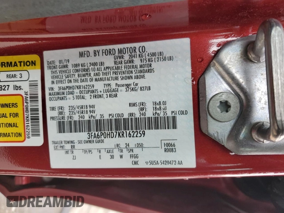 2019 Ford Fusion SE with VIN 3FA6P0HD7KR162259, listed as a Copart auction lot 49509425 with 98,429 mi miles and Salvage Title. Bid and sale history available at DreamBid. Image 13.