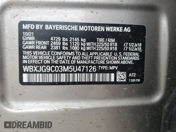 2021 BMW X1 xDrive28i z VIN WBXJG9C03M5U47126, wystawiony jako Copart lot #52113955 z przebiegiem 69 284 mil mil oraz Szkody całkowita. Historia ofert i sprzedaży dostępna na DreamBid. Obrazek 14.