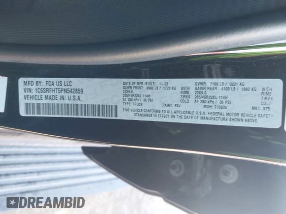 2023 Ram 1500 Limited with VIN 1C6SRFHT5PN542859, listed as a IAAI auction lot 41669646 with 80,045 mi miles and . Bid and sale history available at DreamBid. Image 9.