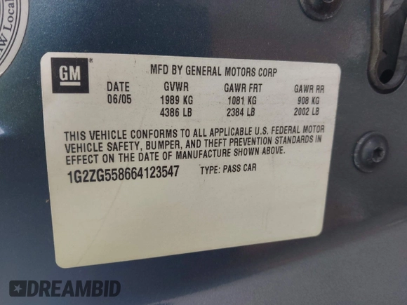 2006 Pontiac G6 6-Cyl with VIN 1G2ZG558664123547, listed as a IAAI auction lot 42727667 with 155,884 mi miles and . Bid and sale history available at DreamBid. Image 9.