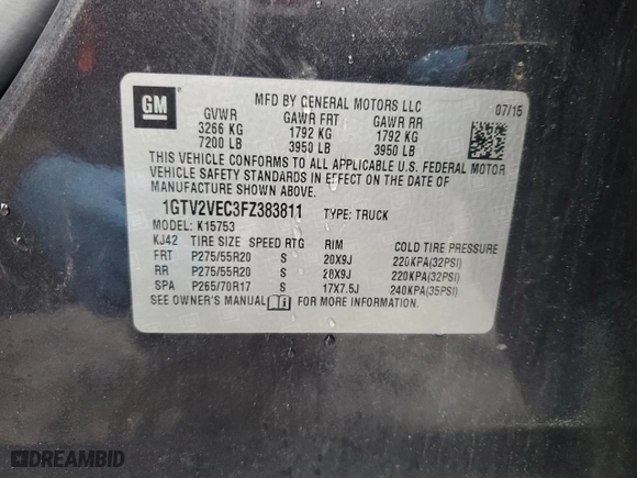 2015 GMC Sierra 1500 SLT with VIN 1GTV2VEC3FZ383811, listed as a Copart auction lot 51878305 with 258,727 mi miles and Clean Title. Bid and sale history available at carsss.com. Image 12.