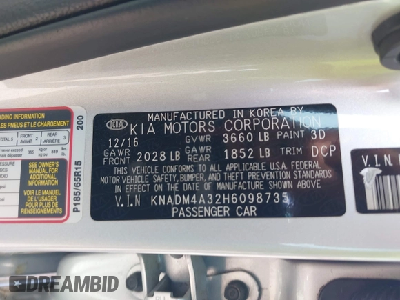 2017 Kia Rio LX z VIN KNADM4A32H6098735, wystawiony jako IAAI lot #42129803 z przebiegiem 38 751 mil mil oraz . Historia ofert i sprzedaży dostępna na DreamBid. Obrazek 9.