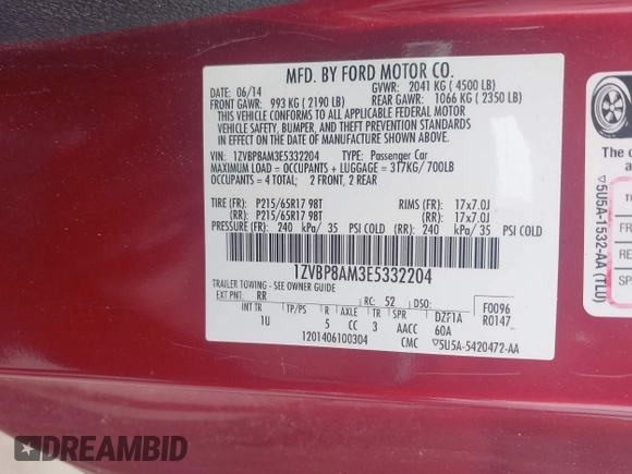 2014 Ford Mustang V6 z VIN 1ZVBP8AM3E5332204, wystawiony jako IAAI lot #42170138 z przebiegiem 112 105 mil mil oraz . Historia ofert i sprzedaży dostępna na DreamBid. Obrazek 9.