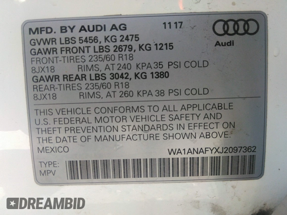 2018 Audi Q5 Premium with VIN WA1ANAFYXJ2097362, listed as a IAAI auction lot 41381832 with 130,049 mi miles. Bid and sale history available at carsss.com. Image 9.