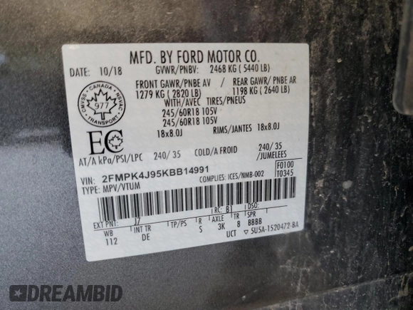 2019 Ford Edge SEL with VIN 2FMPK4J95KBB14991, listed as a Copart auction lot 60068825 with 68,850 mi miles and Salvage title. Bid and sale history available at DreamBid. Image 13.