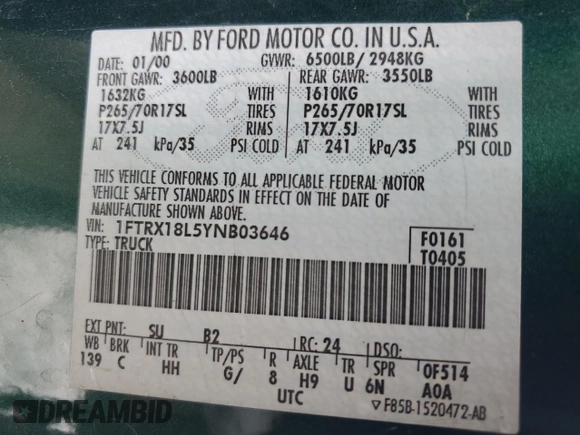 2000 Ford F-150 XL with VIN 1FTRX18L5YNB03646, listed as a Copart auction lot 51896585 with 224,065 mi miles and Clean Title. Bid and sale history available at carsss.com. Image 12.