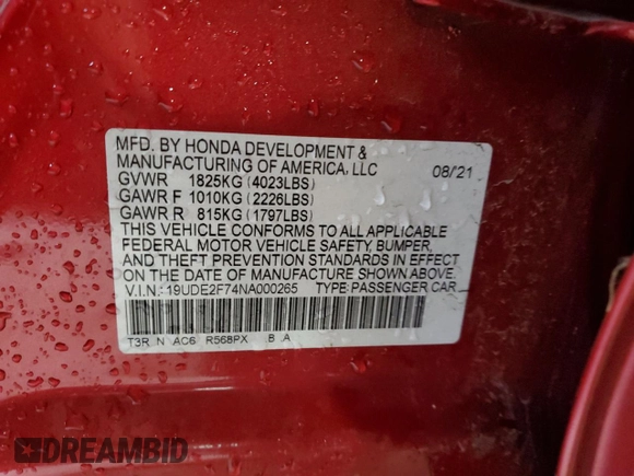 2022 Acura ILX Premium with VIN 19UDE2F74NA000265, listed as a Copart auction lot 78883354 with Not Provided miles and Clean Title. Bid and sale history available at DreamBid. Image 12.