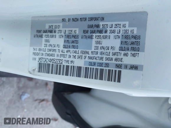 2021 Mazda CX-9 Touring with VIN JM3TCACY4M0522302, listed as a IAAI auction lot 41323543 with 35,223 mi miles and . Bid and sale history available at DreamBid. Image 9.