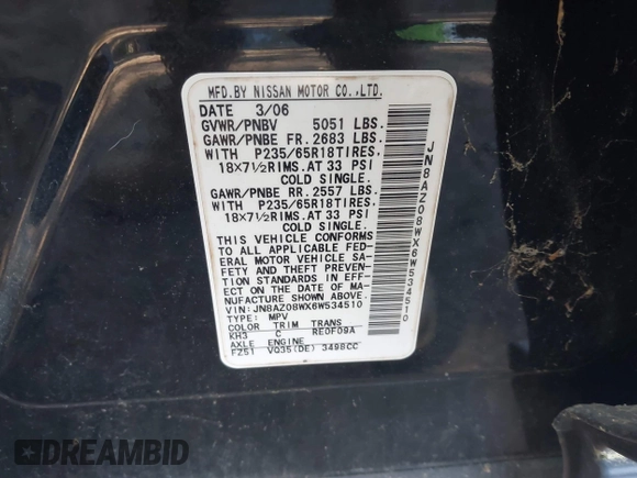 2006 Nissan Murano SL z VIN JN8AZ08WX6W534510, wystawiony jako IAAI lot #42412675 z przebiegiem 105 923 mil mil oraz . Historia ofert i sprzedaży dostępna na DreamBid. Obrazek 9.