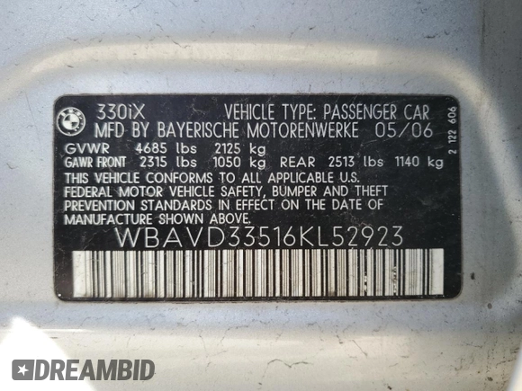 2006 BMW 3 Series 330xi with VIN WBAVD33516KL52923, listed as a Copart auction lot 46224884 with 204,406 mi miles and Salvage Title. Bid and sale history available at carsss.com. Image 12.