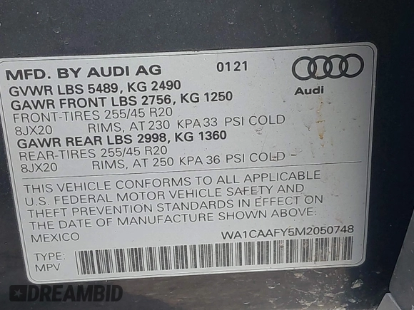 2021 Audi Q5 Prestige with VIN WA1CAAFY5M2050748, listed as a IAAI auction lot 41704470 with 55,162 mi miles. Bid and sale history available at carsss.com. Image 9.