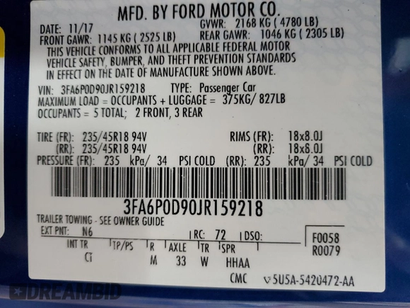 2018 Ford Fusion Titanium с VIN 3FA6P0D90JR159218, выставлен на аукционе Copart как лот 63766945 с пробегом 115 529 миль миль и Списание • Salvage title. История ставок и продаж доступна на DreamBid. Изображение 13.