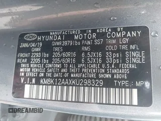 2019 Hyundai Kona SE with VIN KM8K12AAXKU298329, listed as a IAAI auction lot 42297990 with 57,176 mi miles and . Bid and sale history available at DreamBid. Image 9.