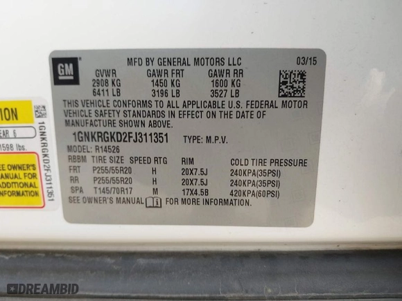 2015 Chevrolet Traverse LT with VIN 1GNKRGKD2FJ311351, listed as a IAAI auction lot 41377458 with 153,627 mi miles. Bid and sale history available at carsss.com. Image 9.