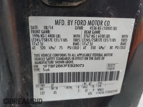 2015 Ford F-250 XLT z VIN 1FTBF2B63FEB25073, wystawiony jako Copart lot #57553025 z przebiegiem 38 052 mil mil oraz Szkoda całkowita • Salvage title. Historia ofert i sprzedaży dostępna na DreamBid. Obrazek 12.