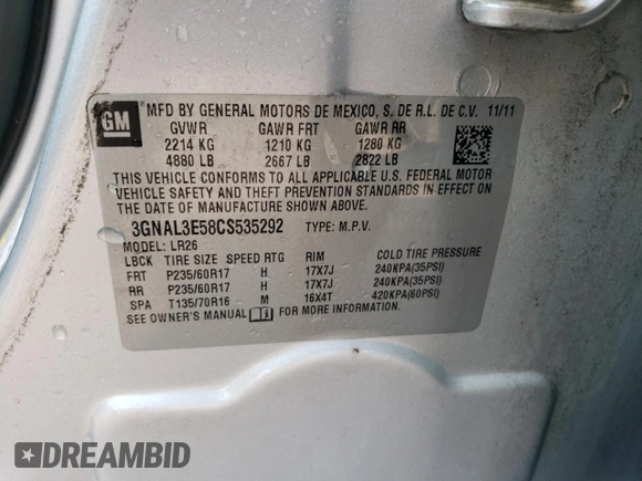 2012 Chevrolet Captiva Sport LT with VIN 3GNAL3E58CS535292, listed as a Copart auction lot 64030404 with 142,967 mi miles and Salvage Title. Bid and sale history available at DreamBid. Image 14.