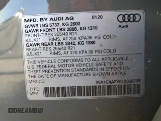 2020 Audi SQ5 Prestige with VIN WA1C4AFY6L2056208, listed as a Copart auction lot 41573584 with 46,102 mi miles and . Bid and sale history available at DreamBid. Image 12.