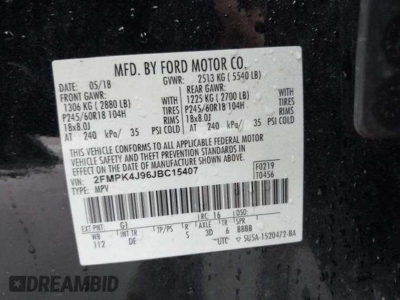 2018 Ford Edge SEL with VIN 2FMPK4J96JBC15407, listed as a IAAI auction lot 39167975 with 94,297 mi miles. Bid and sale history available at carsss.com. Image 9.