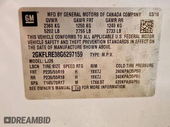 2016 GMC Terrain Denali with VIN 2GKFLRE38G6297159, listed as a Copart auction lot 61888255 with 135,528 mi miles and Clean title. Bid and sale history available at DreamBid. Image 13.