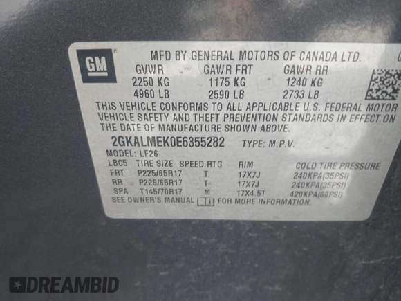 2014 GMC Terrain SLE with VIN 2GKALMEK0E6355282, listed as a IAAI auction lot 41736595 with 102,586 mi miles. Bid and sale history available at carsss.com. Image 9.