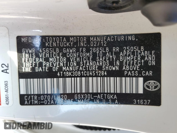 2012 Toyota Avalon with VIN 4T1BK3DB1CU451284, listed as a Copart auction lot 53030695 with 146,491 mi miles and Clean title. Bid and sale history available at DreamBid. Image 13.