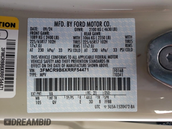 2024 Ford Bronco Sport Big Bend z VIN 3FMCR9B6XRRF54471, wystawiony jako Copart lot #54751625 z przebiegiem 1 478 mil mil oraz Szkoda całkowita • Salvage title. Historia ofert i sprzedaży dostępna na DreamBid. Obrazek 14.