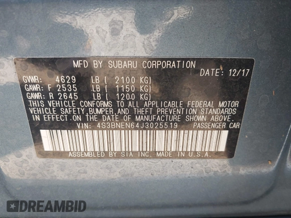 2018 Subaru Legacy Limited with VIN 4S3BNEN64J3025519, listed as a IAAI auction lot 41265966 with 70,326 mi miles. Bid and sale history available at carsss.com. Image 9.