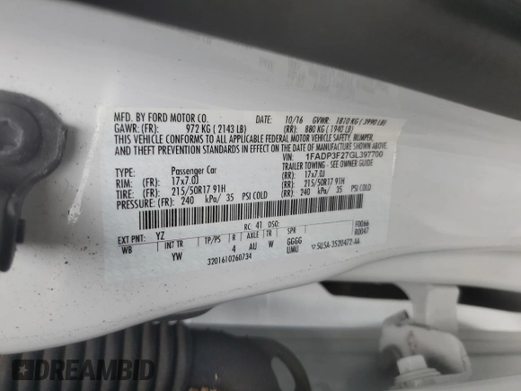 2016 Ford Focus SE с VIN 1FADP3F27GL397700, выставлен на аукционе Copart как лот 59692675 с пробегом 98 188 миль миль и Списание • Salvage title. История ставок и продаж доступна на DreamBid. Изображение 12.