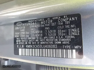 2020 Hyundai Kona Limited with VIN KM8K3CA53LU406083, listed as a IAAI auction lot 41989767 with 66,199 mi miles. Bid and sale history available at carsss.com. Image 9.
