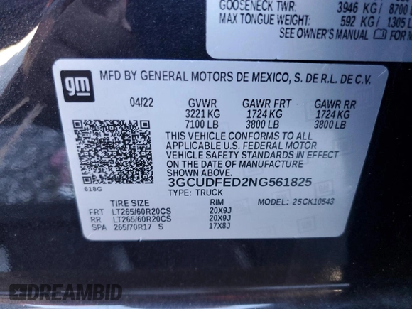 2022 Chevrolet Silverado 1500 LT Trail Boss with VIN 3GCUDFED2NG561825, listed as a Copart auction lot 77632284 with 34,448 mi miles and Salvage Title. Bid and sale history available at DreamBid. Image 14.