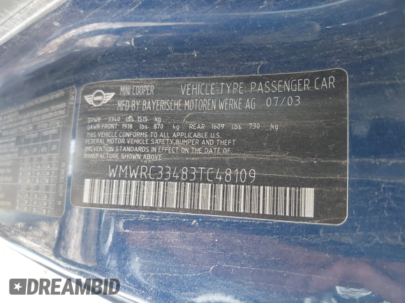 2003 MINI Hardtop z VIN WMWRC33483TC48109, wystawiony jako IAAI lot #42245601 z przebiegiem 100 738 mil mil oraz . Historia ofert i sprzedaży dostępna na DreamBid. Obrazek 9.