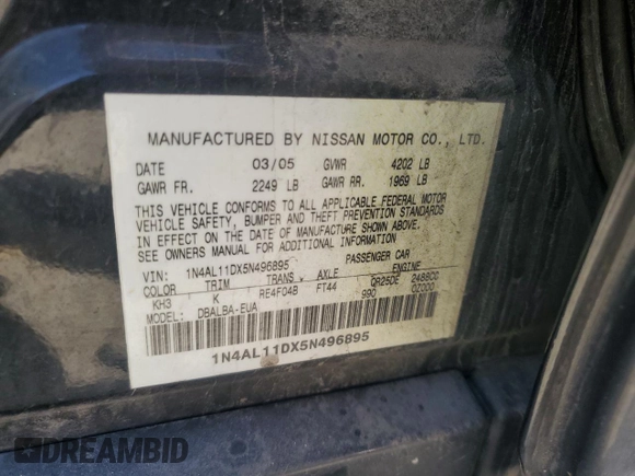 2005 Nissan Altima SL z VIN 1N4AL11DX5N496895, wystawiony jako Copart lot #54426905 z przebiegiem 127 498 mil mil oraz Szkoda całkowita • Salvage title. Historia ofert i sprzedaży dostępna na DreamBid. Obrazek 12.