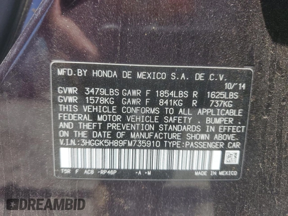 2015 Honda Fit EX-L with VIN 3HGGK5H89FM735910, listed as a Copart auction lot 63123735 with 90,230 mi miles and Salvage title. Bid and sale history available at DreamBid. Image 12.