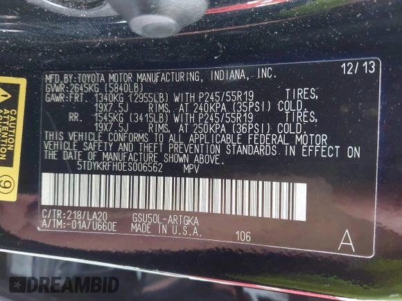 2014 Toyota Highlander Limited with VIN 5TDYKRFH0ES006562, listed as a IAAI auction lot 42629226 with 188,778 mi miles and . Bid and sale history available at DreamBid. Image 9.