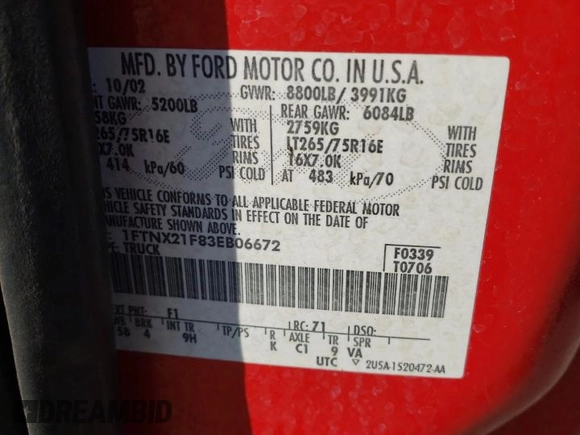 2003 Ford Super Duty F-250 XL with VIN 1FTNX21F83EB06672, listed as a Copart auction lot 42519255 with 342,226 mi miles and Salvage Title. Bid and sale history available at carsss.com. Image 14.