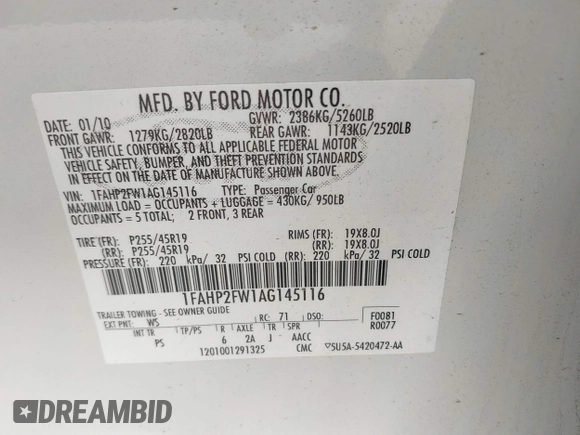 2010 Ford Taurus Limited with VIN 1FAHP2FW1AG145116, listed as a IAAI auction lot 42277358 with 146,054 mi miles and . Bid and sale history available at DreamBid. Image 9.