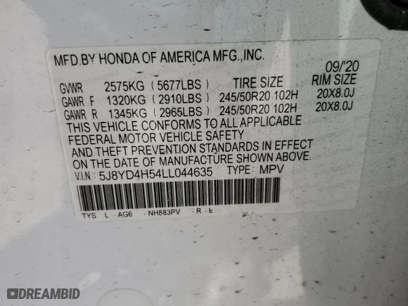 2020 Acura MDX w/Technology Pkg with VIN 5J8YD4H54LL044635, listed as a Copart auction lot 50247035 with 58,539 mi miles and Salvage Title. Bid and sale history available at carsss.com. Image 13.