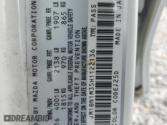 2017 Mazda 3 Grand Touring with VIN JM1BN1M35H1122136, listed as a Copart auction lot 54458755 with 62,515 mi miles and Salvage Title. Bid and sale history available at DreamBid. Image 12.