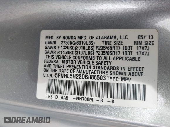 2013 Honda Odyssey LX with VIN 5FNRL5H22DB086503, listed as a IAAI auction lot 42133471 with 223,200 mi miles and . Bid and sale history available at carsss.com. Image 9.