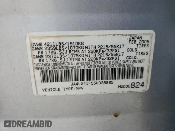 2005 Mitsubishi Outlander XLS with VIN JA4LX41F55U038885, listed as a Copart auction lot 69919634 with 226,563 mi miles and Salvage Title. Bid and sale history available at carsss.com. Image 15.