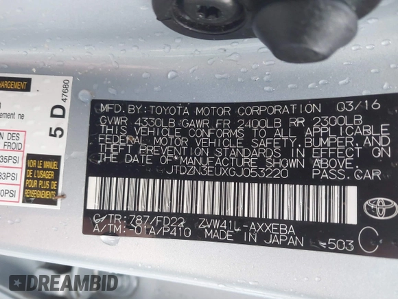 2016 Toyota Prius Two z VIN JTDZN3EUXGJ053220, wystawiony jako IAAI lot #42318675 z przebiegiem Nie podano mil oraz . Historia ofert i sprzedaży dostępna na DreamBid. Obrazek 9.